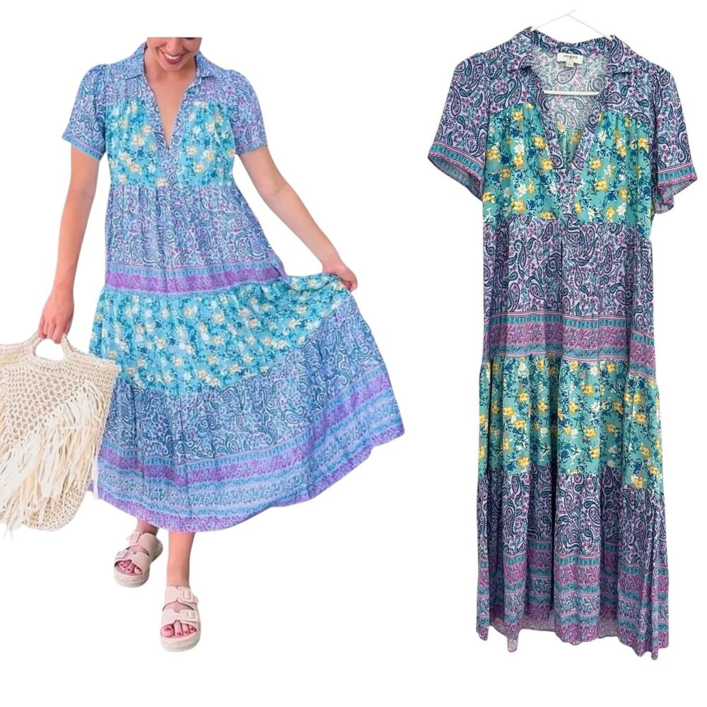 UMGEE Women's SMALL Mint Blue Floral Tiered Dress V-neck Collar Flowy Midi Boho